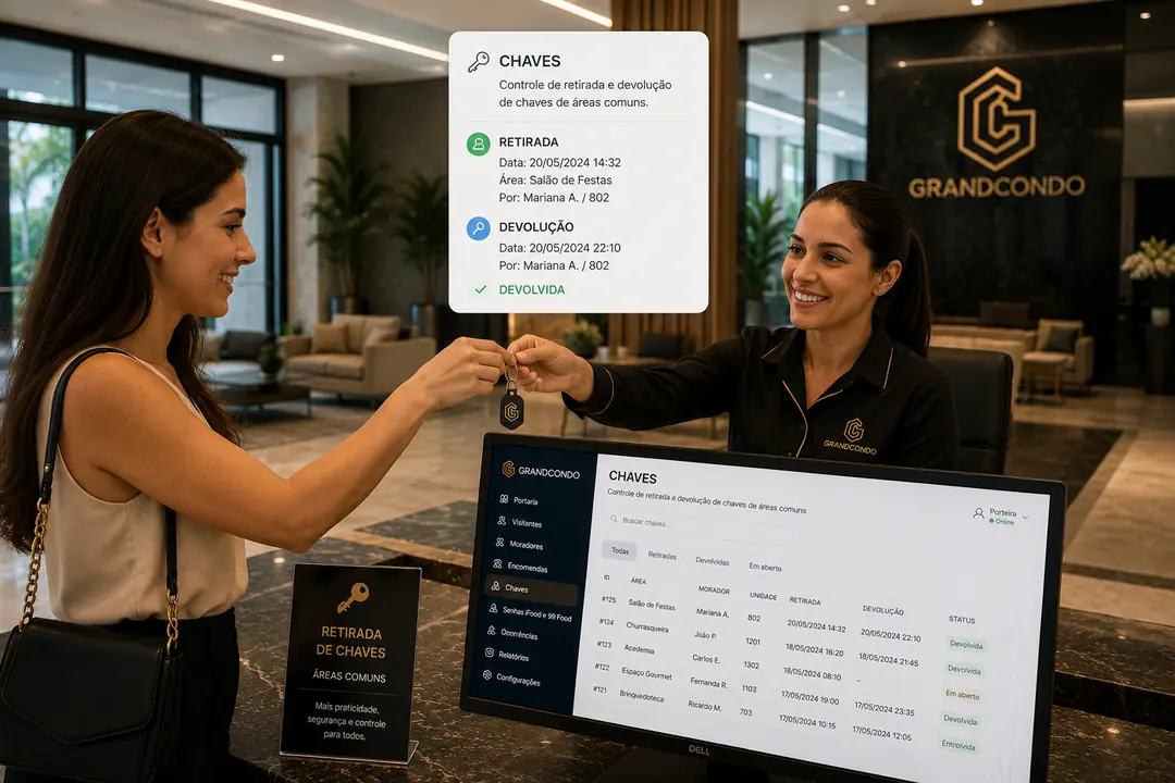 Porteira GrandCondo entregando chave de área comum com o módulo de chaves aberto no sistema