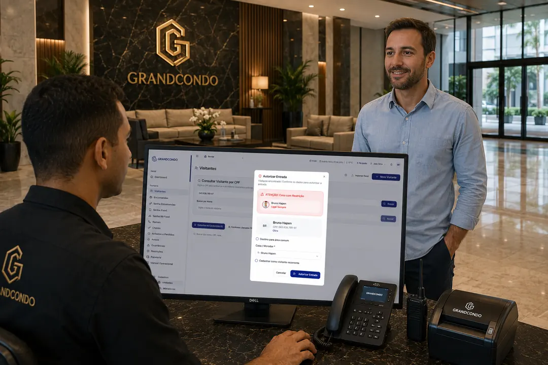 Porteiro GrandCondo autorizando a entrada de visitante após consulta por CPF no sistema
