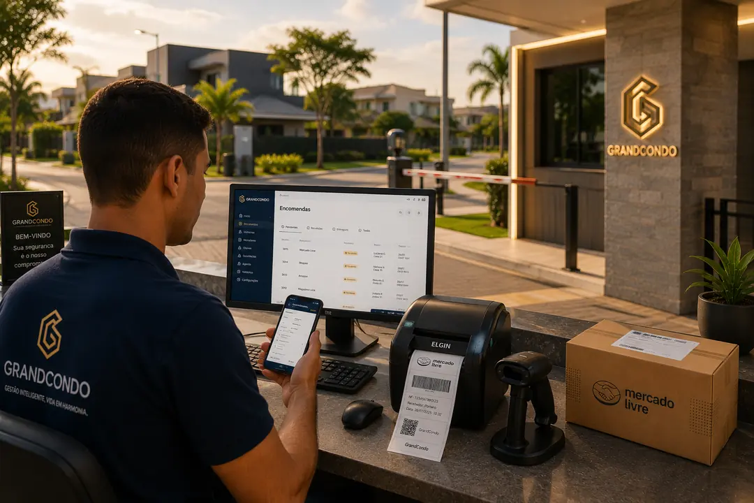 Porteiro GrandCondo cadastrando encomenda com impressora térmica e leitor de código de barras