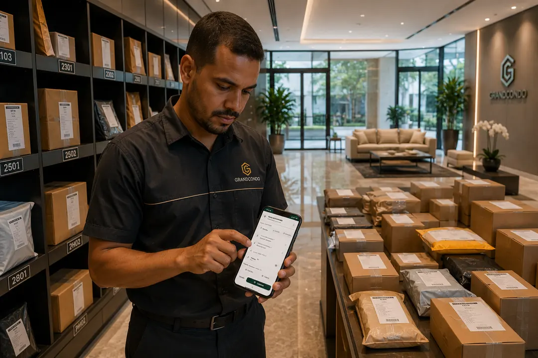 Porteiro GrandCondo cadastrando encomenda pelo celular em menos de 10 segundos, com prateleiras numeradas ao fundo